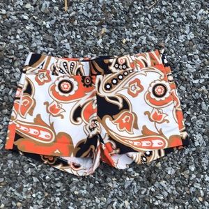 J.Crew, black, white, orange, tan paisley shorts.